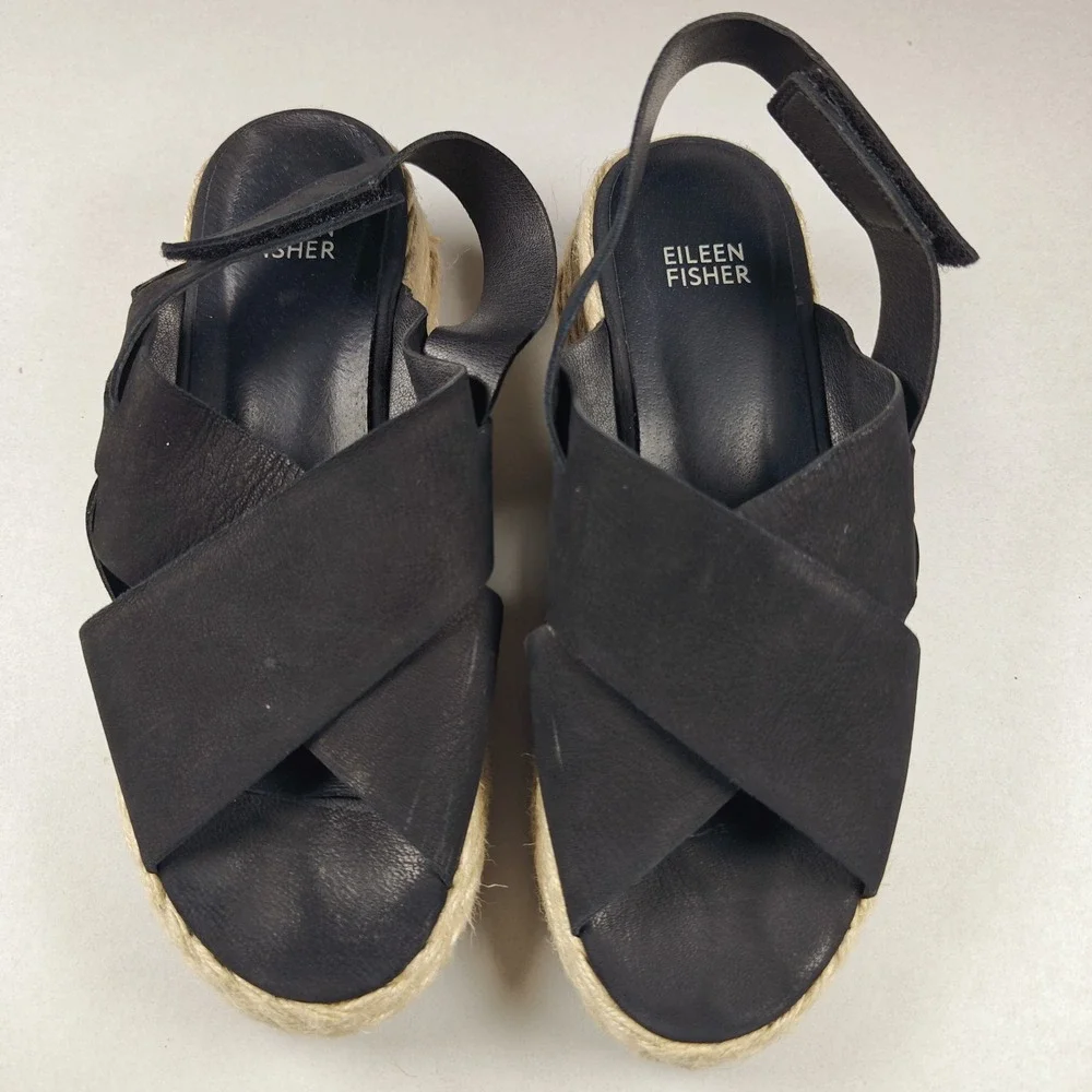 Eileen Fisher‎ Women's Black Leather Timor Espadrille Wedge Sandals Size 7